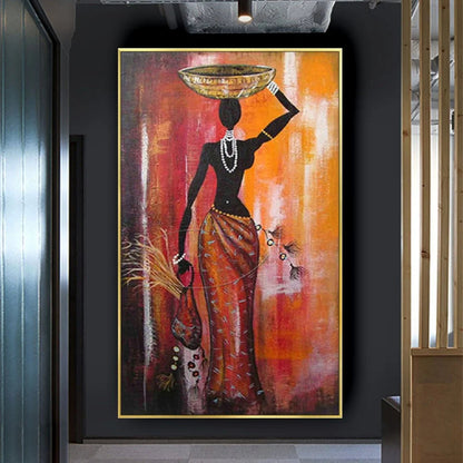 Room mockup. Dark silhouetted woman in a red-orange skirt, balancing a gold-coloured bowl against a red and orange background.