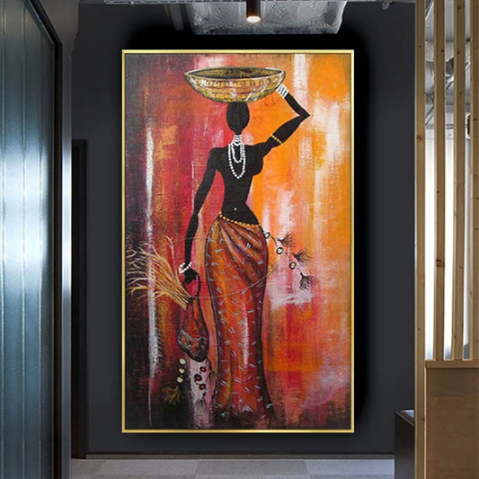 Room mockup. Dark silhouetted woman in a red-orange skirt, balancing a gold-coloured bowl against a red and orange background.