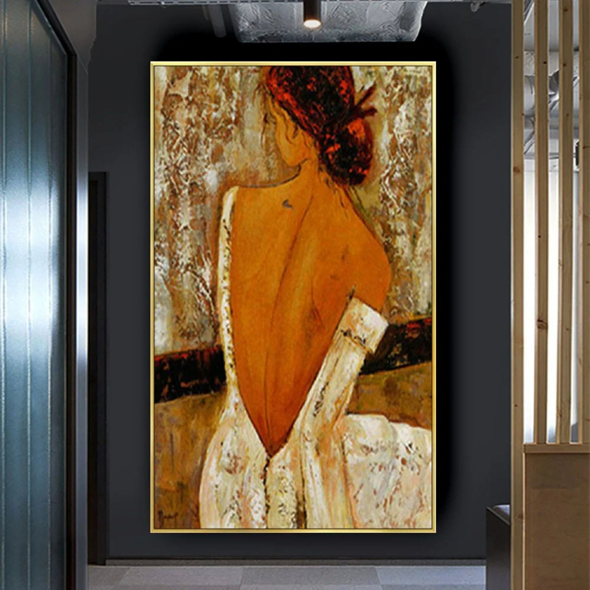 Room mockup. Red-haired woman seen from behind in a textured low-backed white dress against cream, ochre and brown marks.