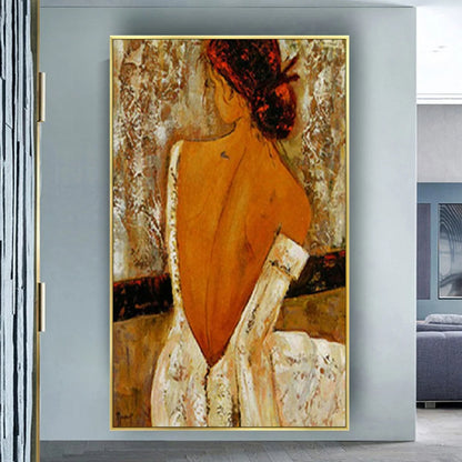 Room mockup. Red-haired woman seen from behind in a textured low-backed white dress against cream, ochre and brown marks.