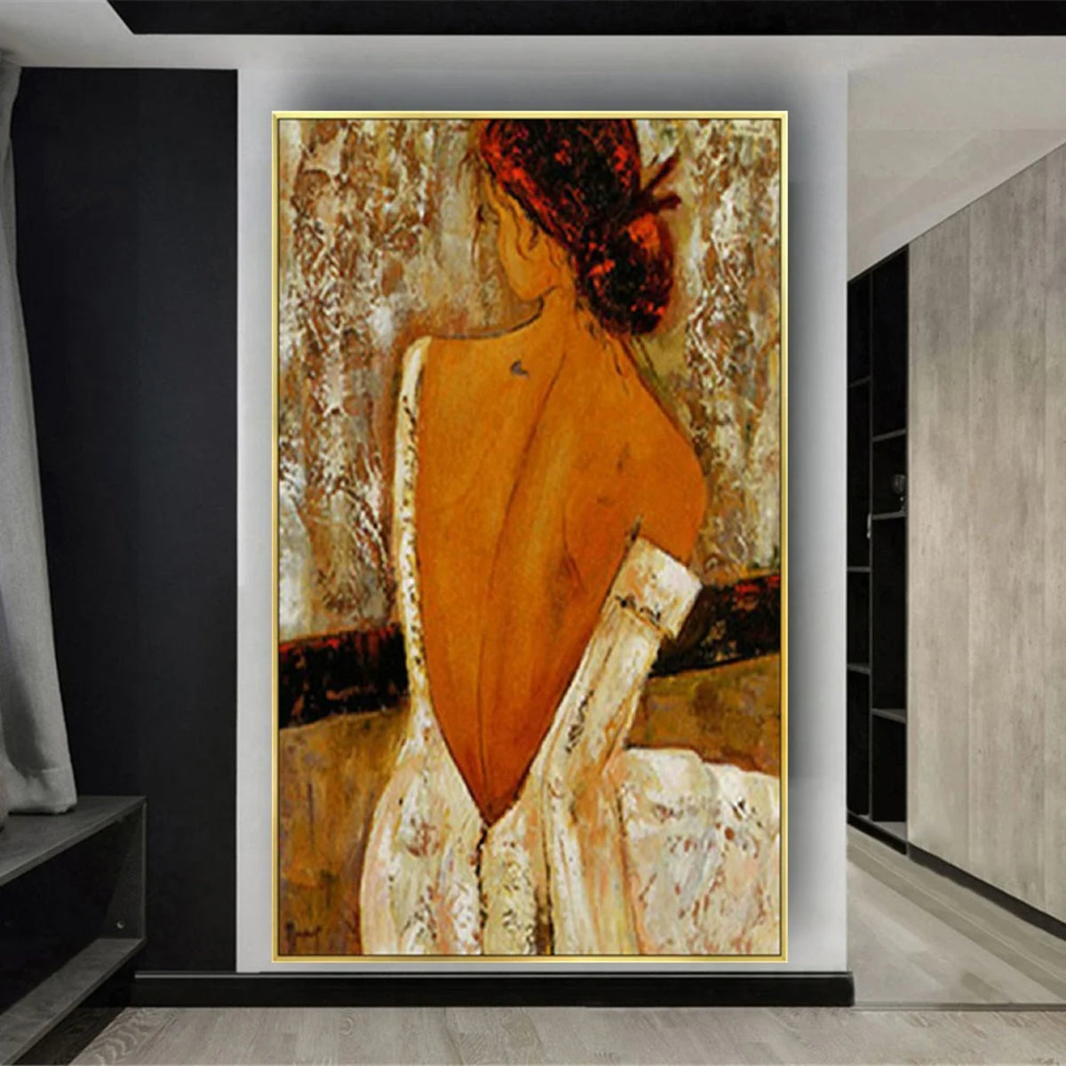 Room mockup. Red-haired woman seen from behind in a textured low-backed white dress against cream, ochre and brown marks.