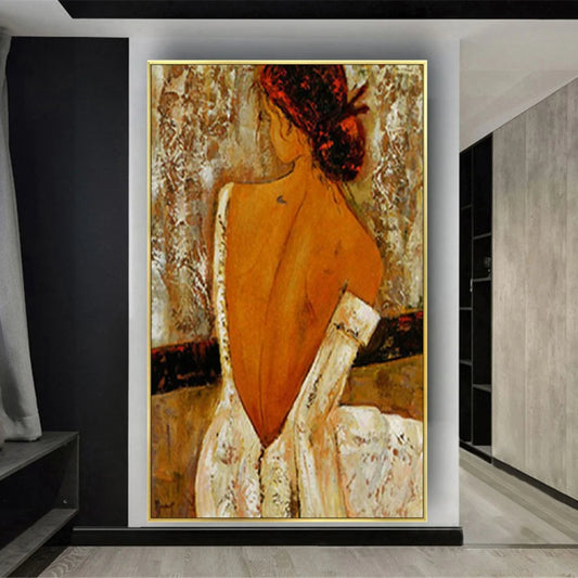 Room mockup. Red-haired woman seen from behind in a textured low-backed white dress against cream, ochre and brown marks.