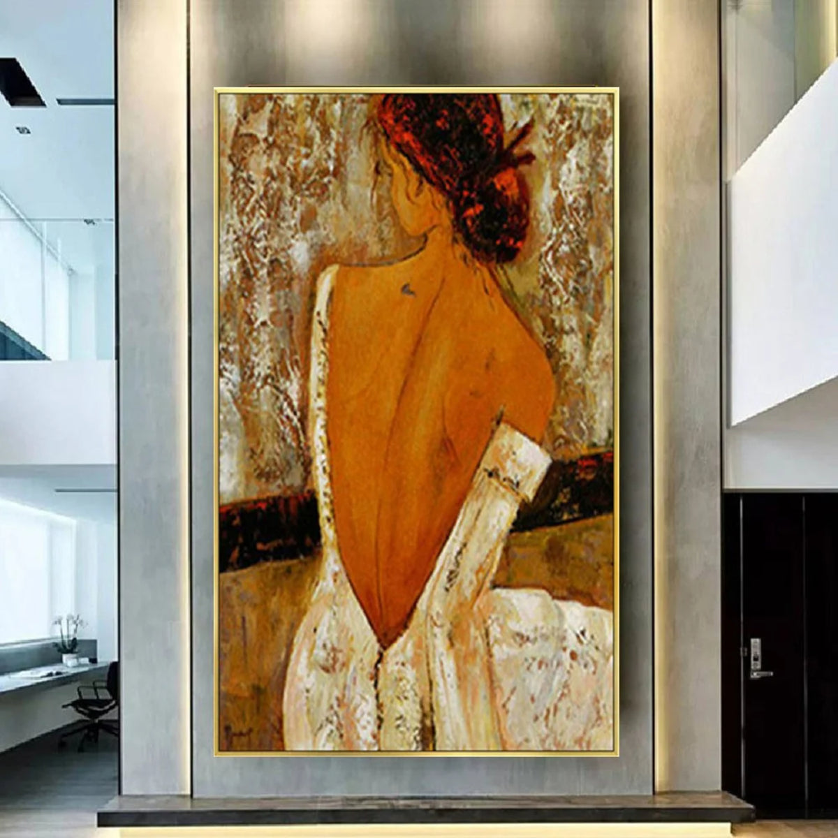 Room mockup. Red-haired woman seen from behind in a textured low-backed white dress against cream, ochre and brown marks.
