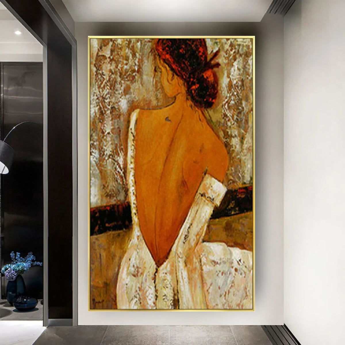 Room mockup. Red-haired woman seen from behind in a textured low-backed white dress against cream, ochre and brown marks.