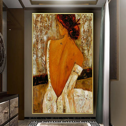 Room mockup. Red-haired woman seen from behind in a textured low-backed white dress against cream, ochre and brown marks.