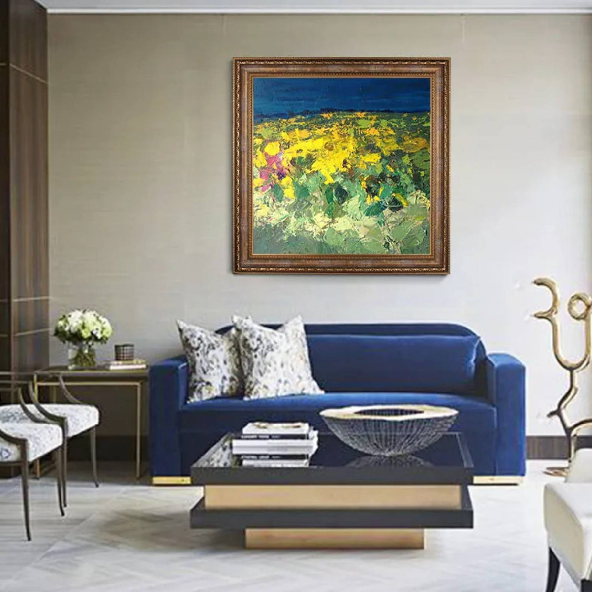 Room mockup. Thick yellow flower-like dabs and green foliage fill a field below a deep blue horizontal sky.