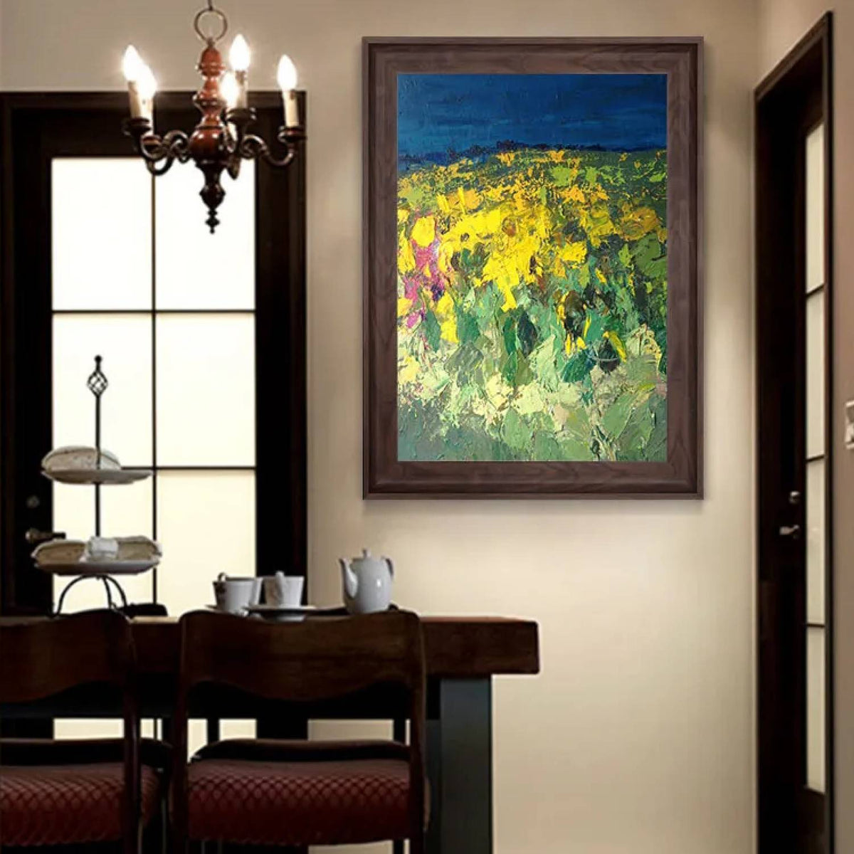 Room mockup. Thick yellow flower-like dabs and green foliage fill a field below a deep blue horizontal sky.