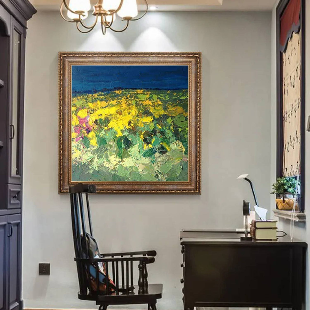 Room mockup. Thick yellow flower-like dabs and green foliage fill a field below a deep blue horizontal sky.