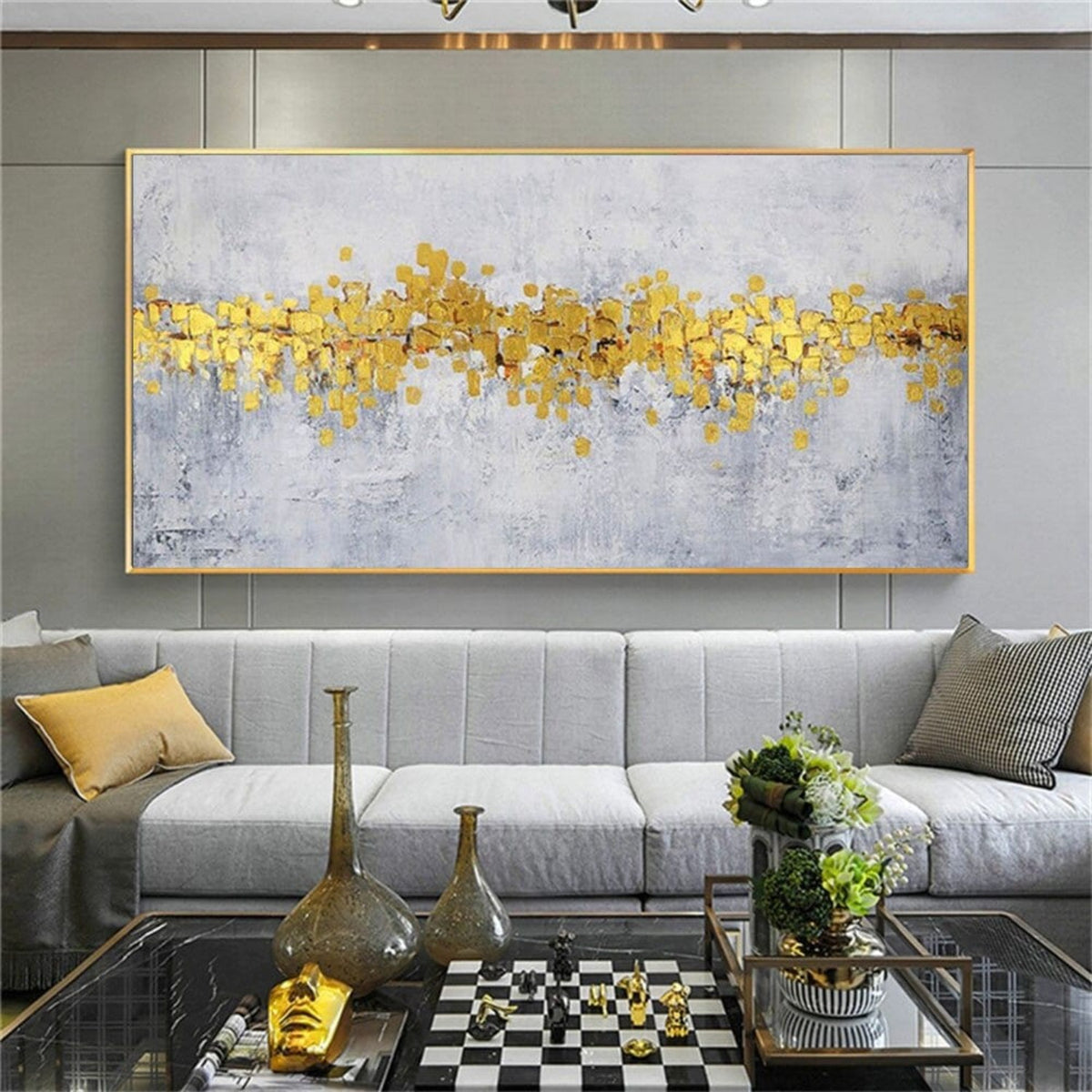 Room mockup. A dense irregular yellow and gold-coloured band crosses a pale grey textured background with fine drips below.