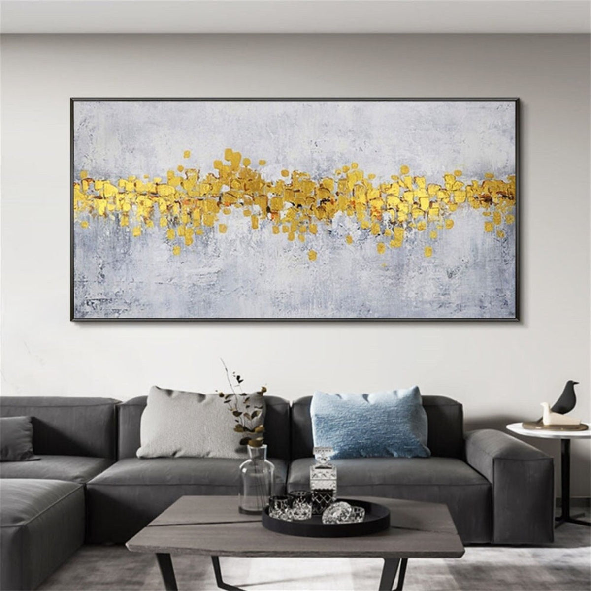 Room mockup. A dense irregular yellow and gold-coloured band crosses a pale grey textured background with fine drips below.