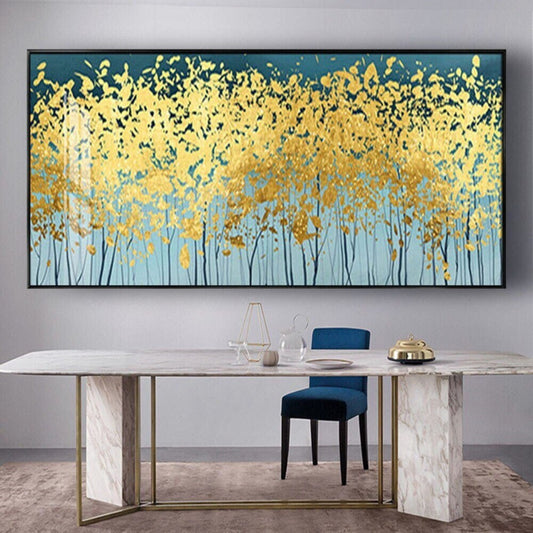 Room mockup. Dense yellow and gold-coloured leaf-like dabs crown fine dark stems against pale blue with a dark teal upper edge.