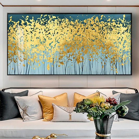 Room mockup. Dense yellow and gold-coloured leaf-like dabs crown fine dark stems against pale blue with a dark teal upper edge.