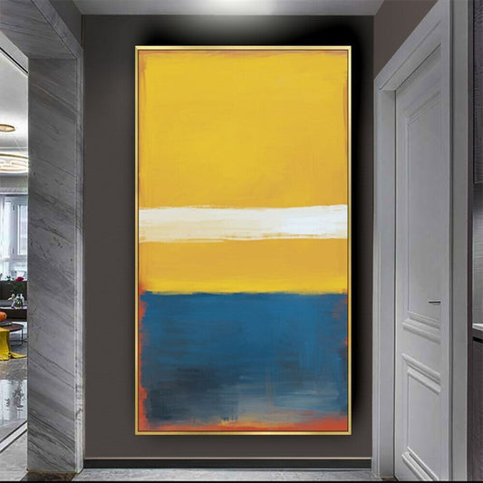 Room mockup. A large mustard-yellow upper field with a narrow cream stripe above deep blue and a fine rust-red lower edge.