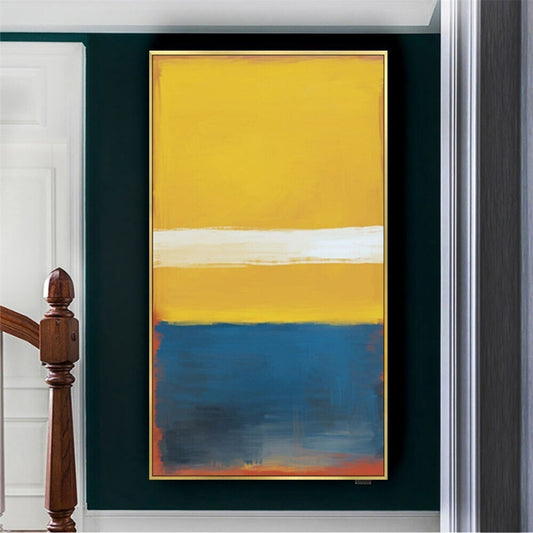 Room mockup. A large mustard-yellow upper field with a narrow cream stripe above deep blue and a fine rust-red lower edge.